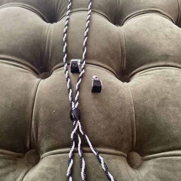 Jewelry - Vintage Black and White Beaded Necklace with Coordinating Earrings